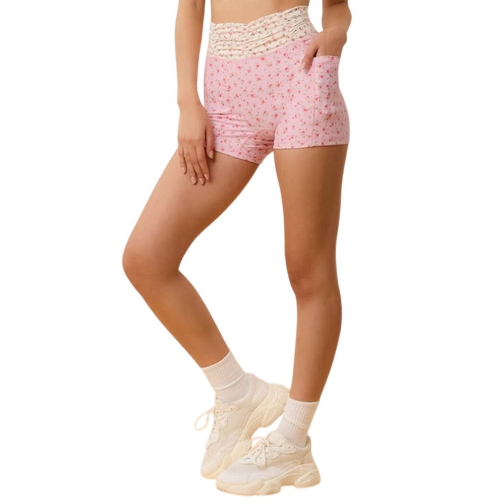 Blogilates Women's Pink Floral Ruched Waist Athletic Bike Shorts Size XS